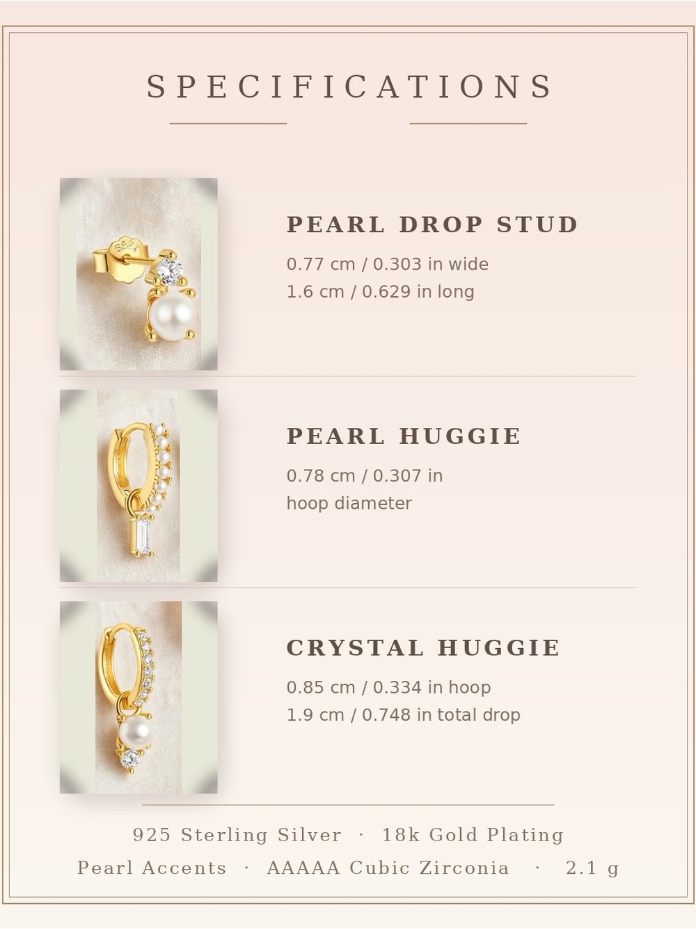 Gold Pearl & CZ Ear Stack Set — 3 Piece 925 Sterling Silver Huggies - Picture 2 of 2